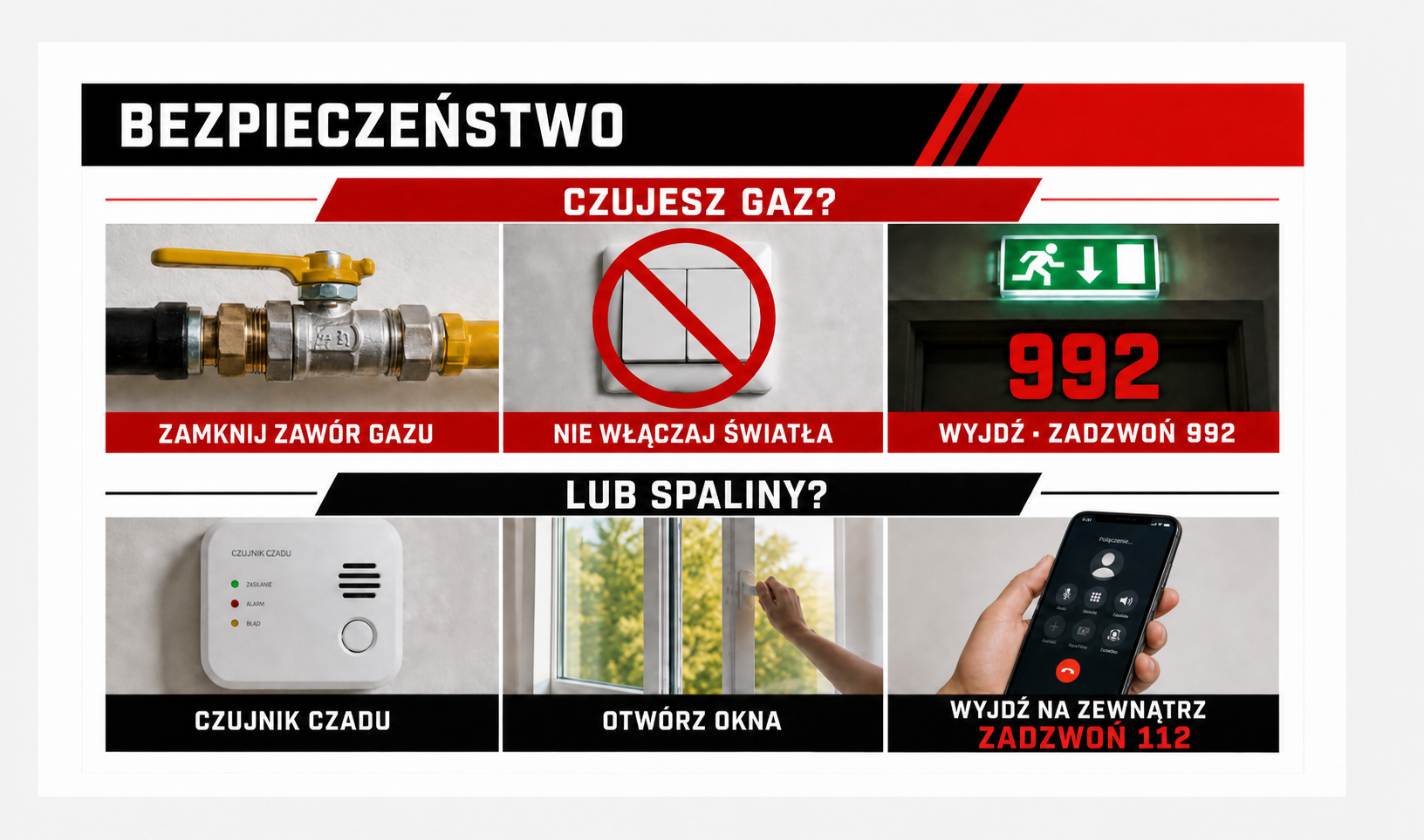 Instrukcja bezpieczeństwa GorGaz. Czujesz gaz: zamknij zawór gazu, nie włączaj światła, wyjdź z budynku i z zewnątrz zadzwoń pod 992. Podejrzenie czadu lub spalin: otwórz okna, wyjdź na zewnątrz i zadzwoń pod 112.
